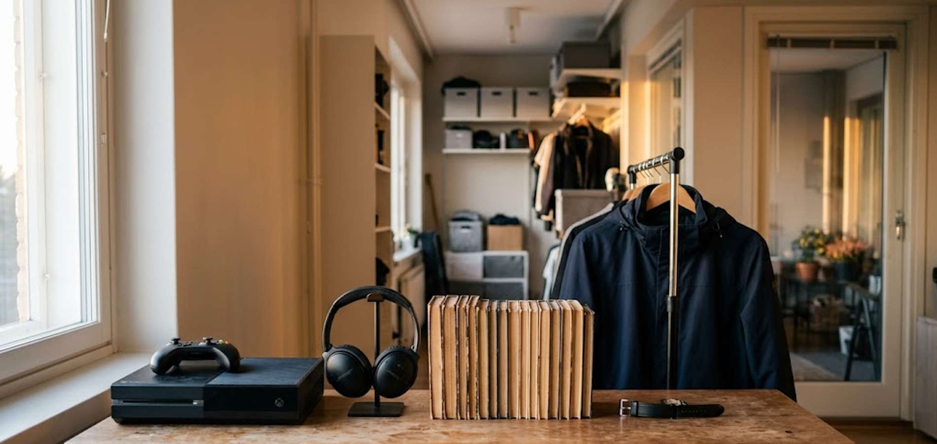 Henkilö järjestelee kotinsa pöydälle 5 esinettä myytäväksi: pelikonsoli, kuulokkeet, kirja, kelloranneke, takki