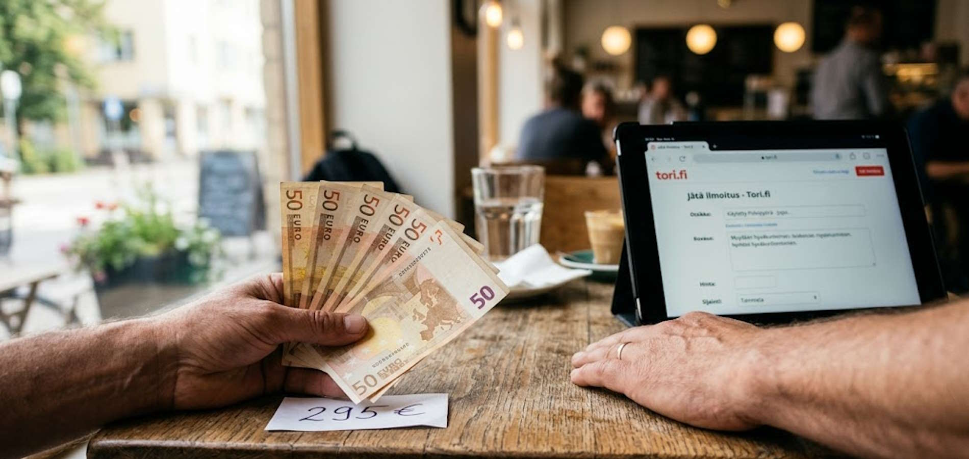 Käsi pitelee käteistä euroseteleitä, ja taustalla näkyy Tori.fi-tyylinen ilmoitus tabletilla