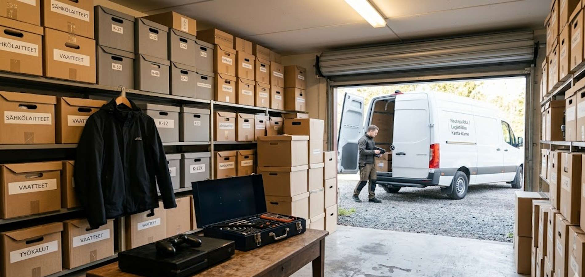 Pieni varastotila täynnä järjestyksessä olevia laatikoita ja tuotteita, taustalla pakettiauto