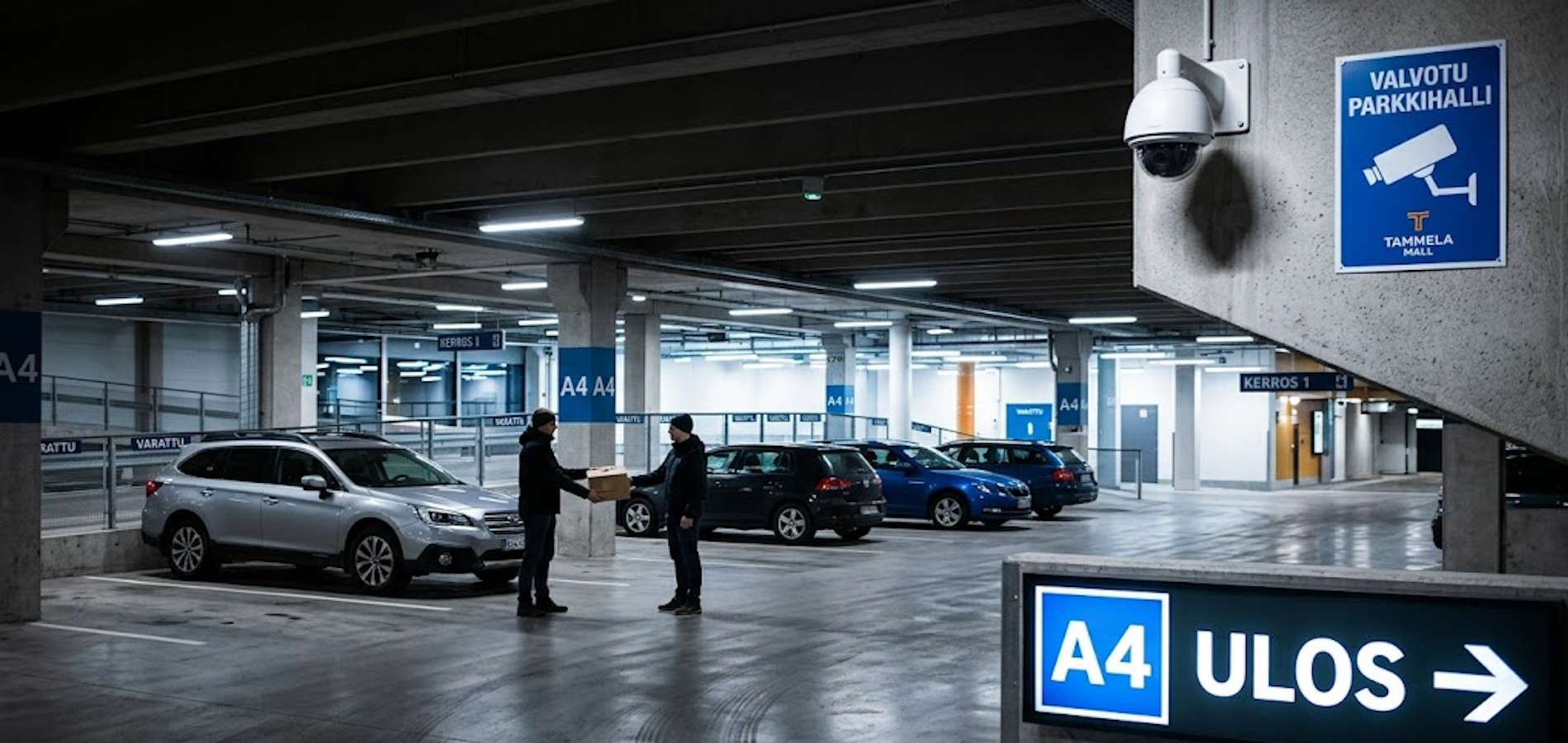 Auton parkkihalli illan valaistuksessa, kameran kuvauspiste näkyvissä, kaksi ihmistä tekemässä kauppaa