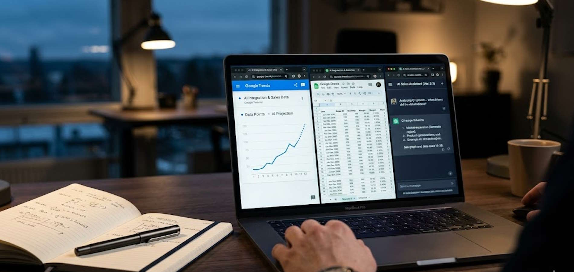 Kannettavan tietokoneen näytöllä Google Trends -kaavio, Google Sheets ja ChatGPT-ikkuna avoinna