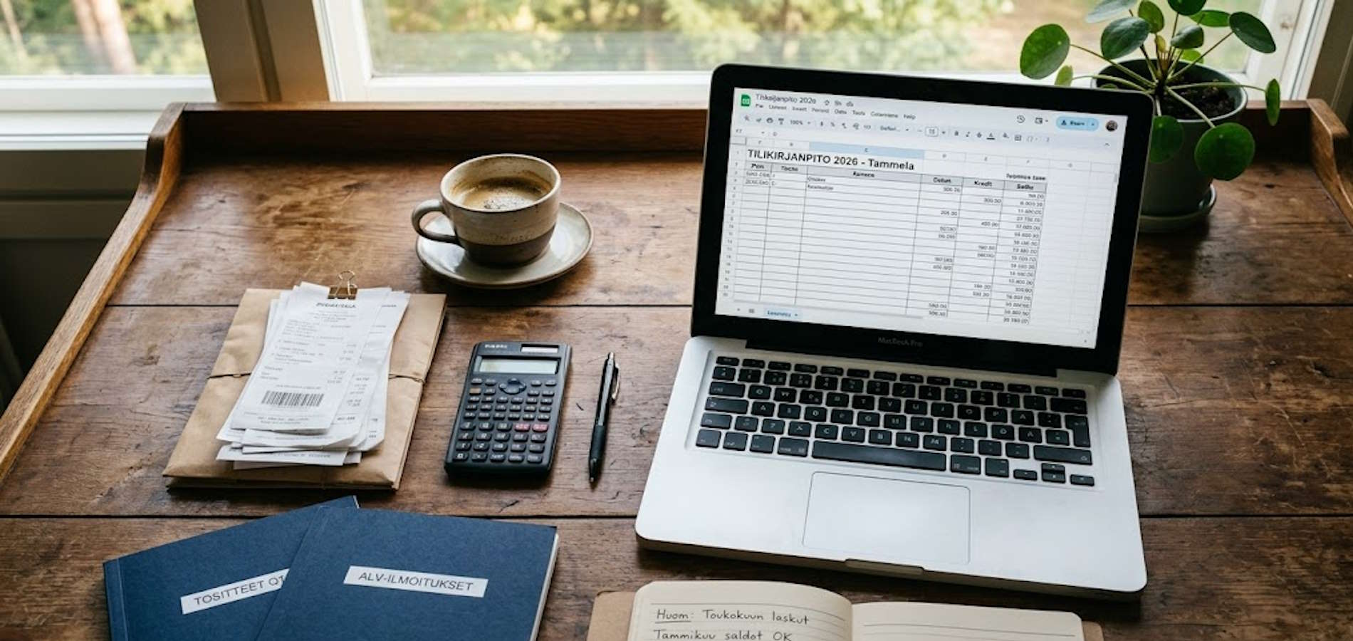 Pino kuitteja, taskulaskin ja avoinna oleva kannettavan tietokoneen näyttö jossa kirjanpito-ohjelman taulukko